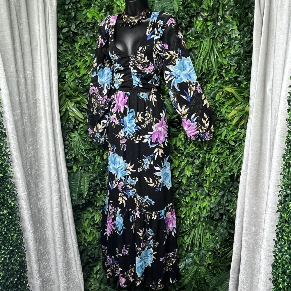 FOURTEENTH PLACE Dress Women Small Black Floral Maxi V Neck Ruffles Boho 2368